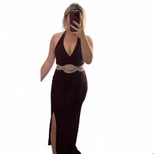 Speechless Burgundy Halter Prom Dress with Rhinestone Waist